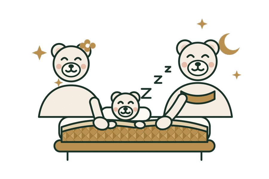 Illustratie van een berenfamilie die hun kleintje onderstopt
