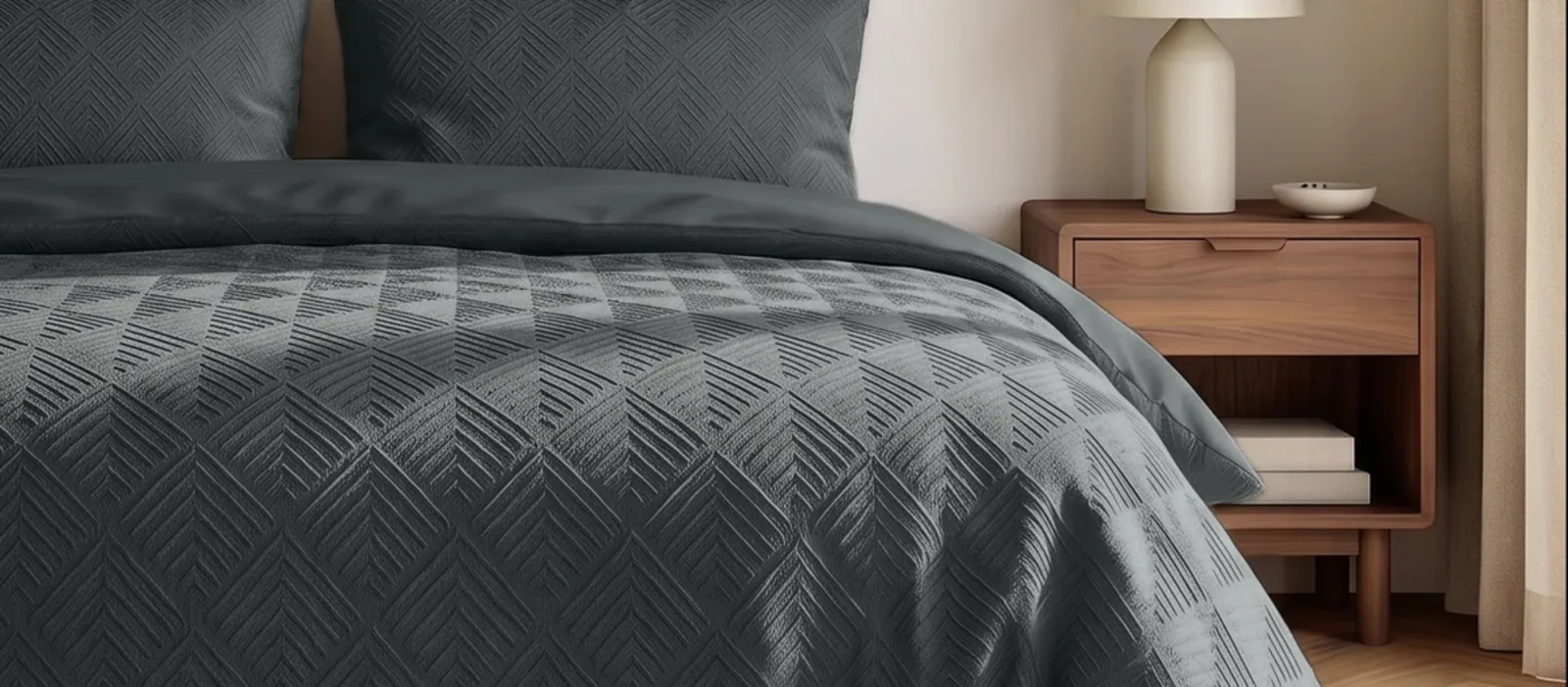 Close-up van een donker dekbed met reliefweefsel, met een houten nachtkastje ernaast